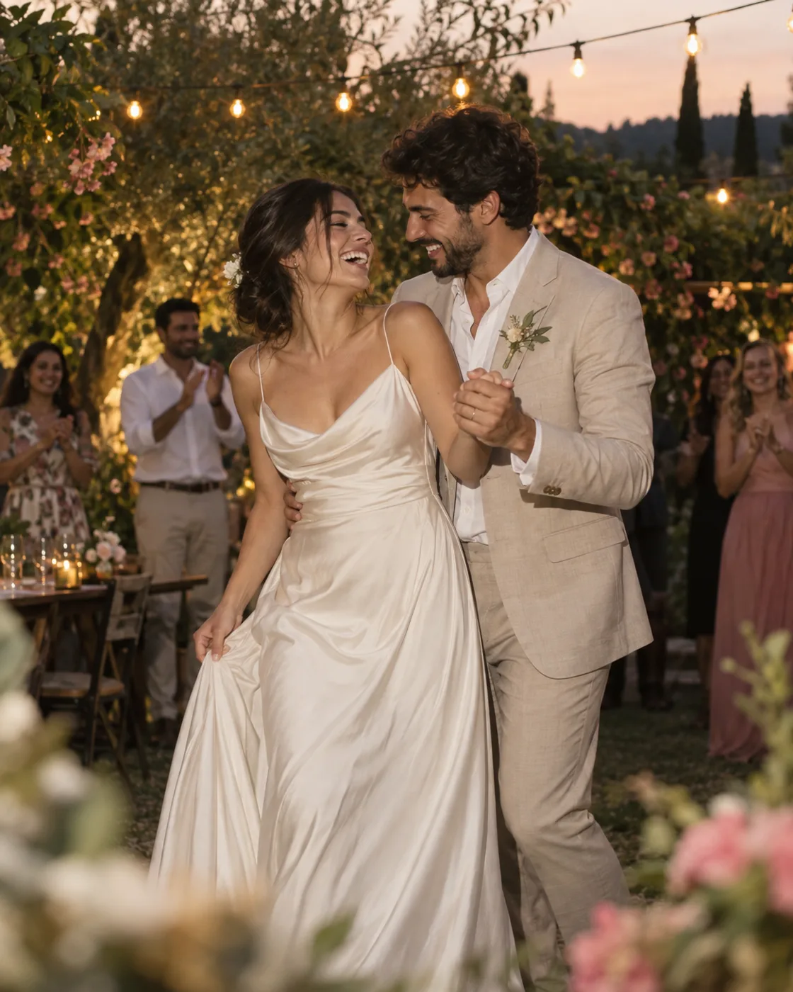 Casal celebrando o casamento com amigos em uma festa ao ar livre